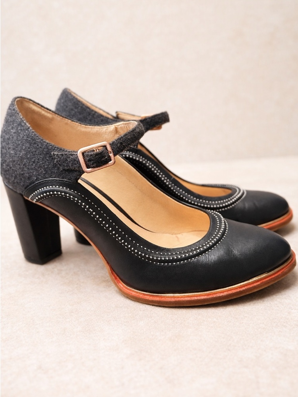 Clarks Black and Gray Mary Jane Block Heel Pumps with Pink Accent - Picture 7 of 12